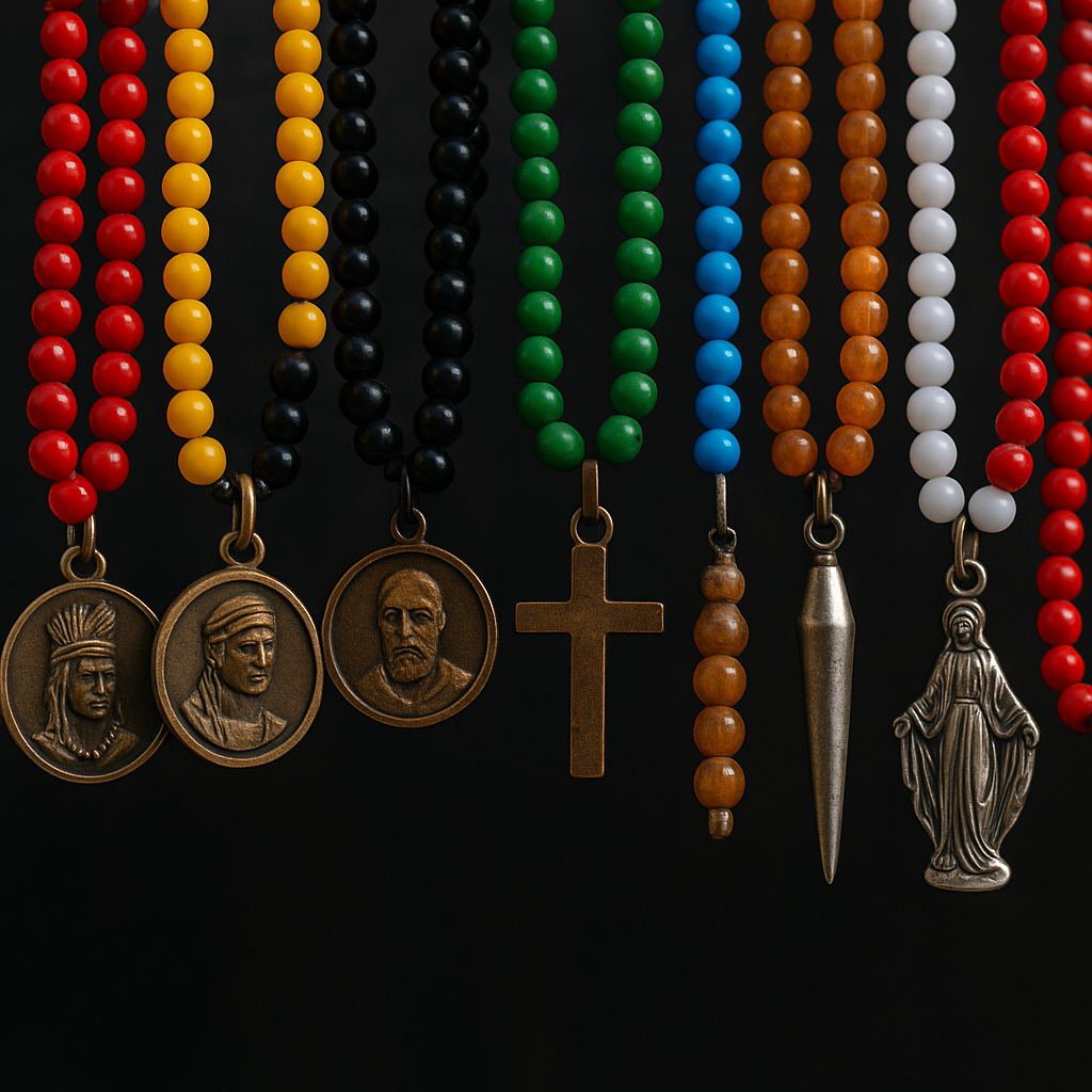 Fio de contas colorido ou guias na Umbanda, simbolizando proteção e ligação com os orixás