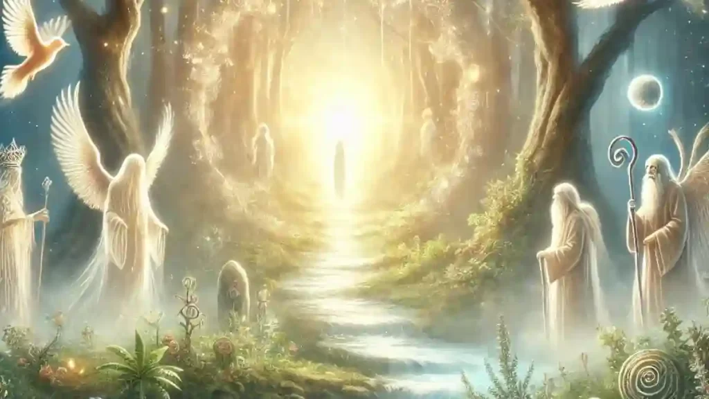 Imagem simbólica mostrando a transição do espírito no contexto da Umbanda: mediunidade, rituais de passagem, símbolos de despedida e plano espiritual